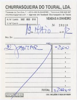Factura / recibo do restaurante Churrasqueira do Toural