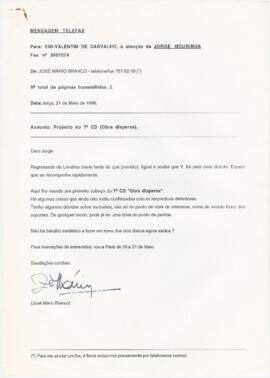 Correspondência de José Mário Branco para Jorge Mourinha (EMI - Valentim de Carvalho)