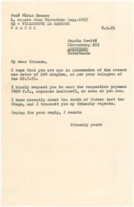 Correspondência de José Mário Branco para o Angola Comité