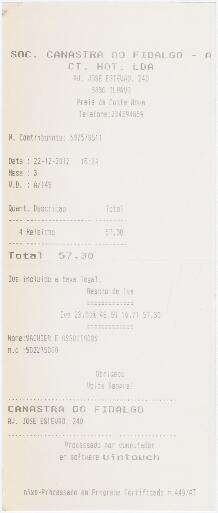 Factura do restaurante Canastra do Fidalgo