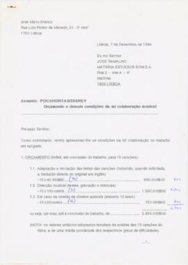 Correspondência de José Mário Branco para José Ramalho (Matinha Estúdios)
