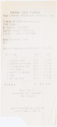Factura / recibo do restaurante Vaga Cultural