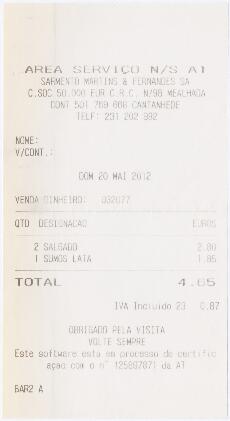 Factura / recibo de área de serviço