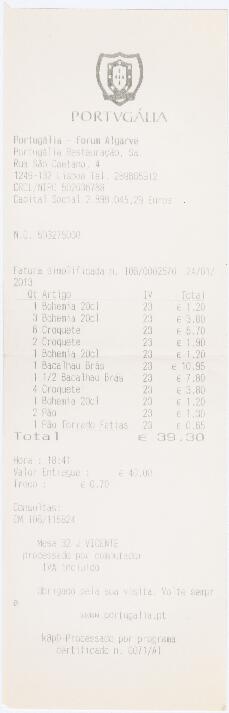 Factura / recibo do restaurante Portugália