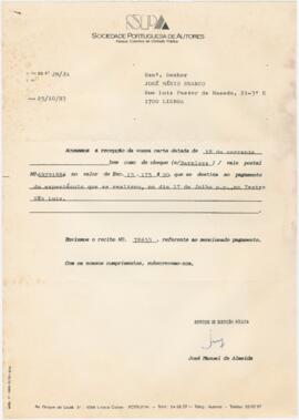 Correspondência da SPA para José Mário Branco + recibo