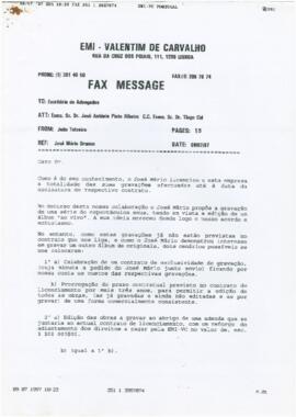 Correspondência de João Teixeira (EMI-Valentim de Carvalho) para Tiago Cid (J. A. Pinto Ribeiro &...