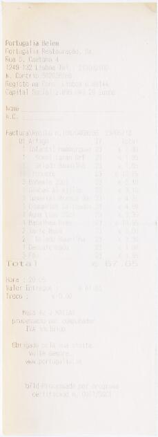 Factura / recibo do restaurante Portugália Belém