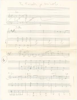 Partitura com esboço da melodia vocal e acompanhamento da canção "La maison qui nous est chè...