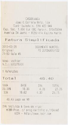 Factura do restaurante Casablanca