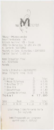 Facturas / recibos do restaurante Noz Moscada