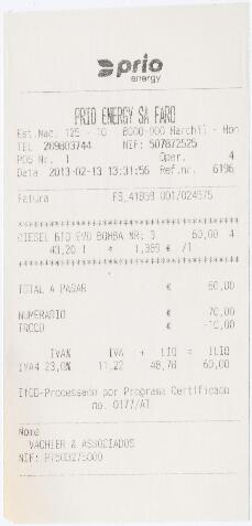 Factura / recibo de abastecimento de combustível