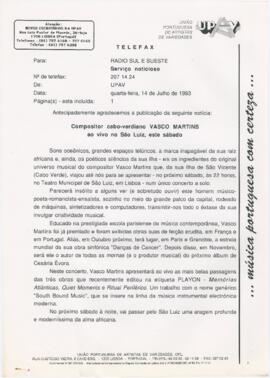 Comunicado de imprensa para a Rádio Sul e Sueste