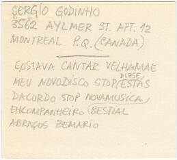 Correspondência de José Mário Branco para Sérgio Godinho