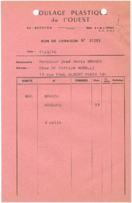 Notas de remessa e facturas da empresa Moulage Plastique de l'Ouest