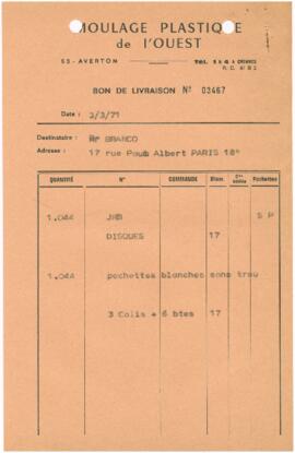 Nota de remessa e factura da empresa Moulage Plastique de l'Ouest