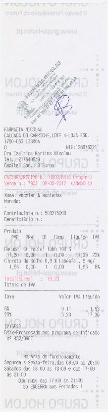 Factura / recibo da Farmácia Nicolau