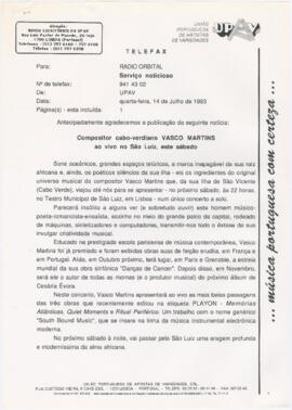 Comunicado de imprensa para a Rádio Orbital