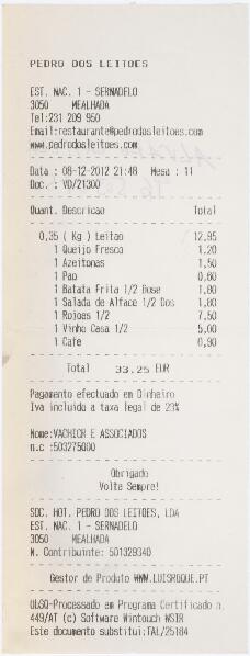 Factura do restaurante Pedro dos Leitões