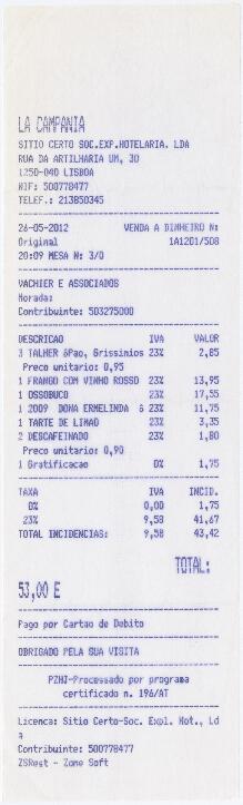 Factura / recibo do restaurante La Campania
